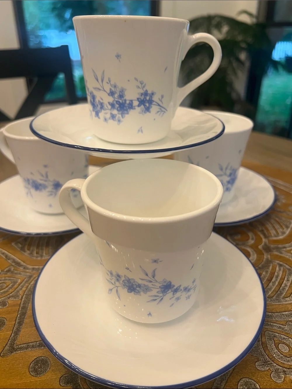 Set of 4 Corning for Corelle CELESTIAL BLUE Floral Teacup/Coffee & Saucer Set.